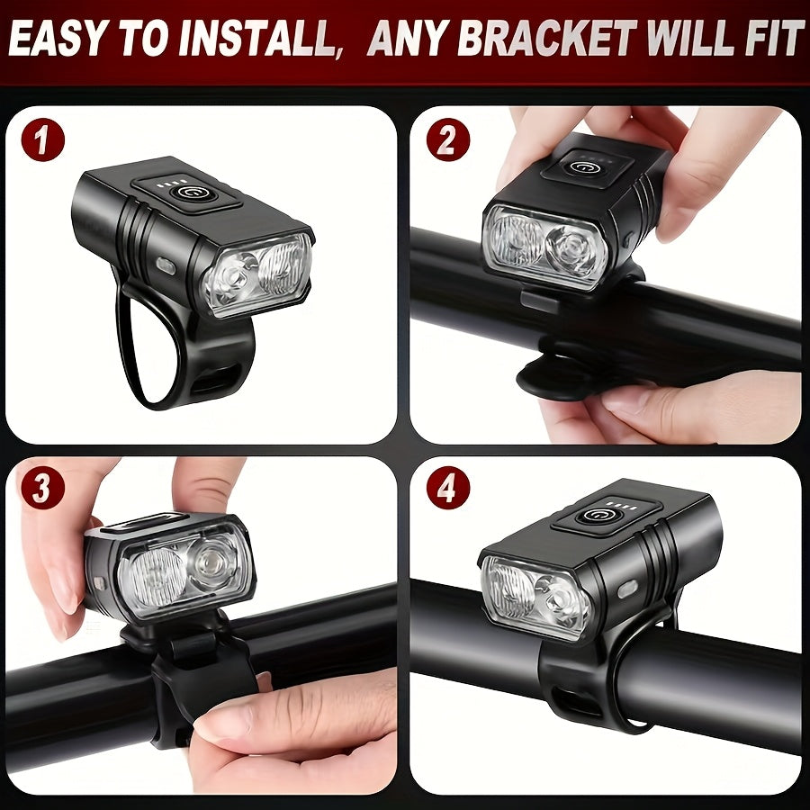 EcoBike front and rear bike light set — dual LED headlight mounted on handlebar with red rear tail light and USB charging cable — rechargeable bicycle lights set ships Australia-wide