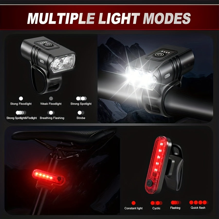 EcoBike front and rear bike light set — dual LED headlight mounted on handlebar with red rear tail light and USB charging cable — rechargeable bicycle lights set ships Australia