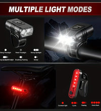 EcoBike front and rear bike light set — dual LED headlight mounted on handlebar with red rear tail light and USB charging cable — rechargeable bicycle lights set ships Australia