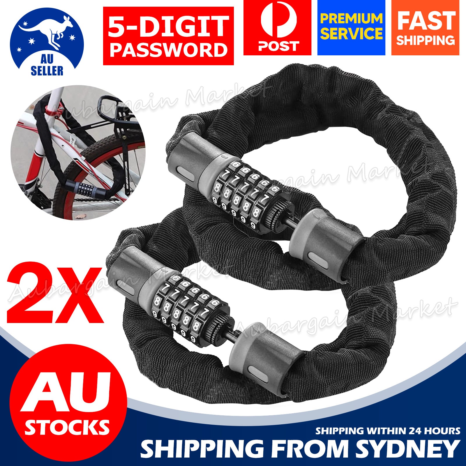 EcoBike heavy duty 5-digit chain bike lock 2 pack AU stock ships Sydney — best bike chain lock Australia
