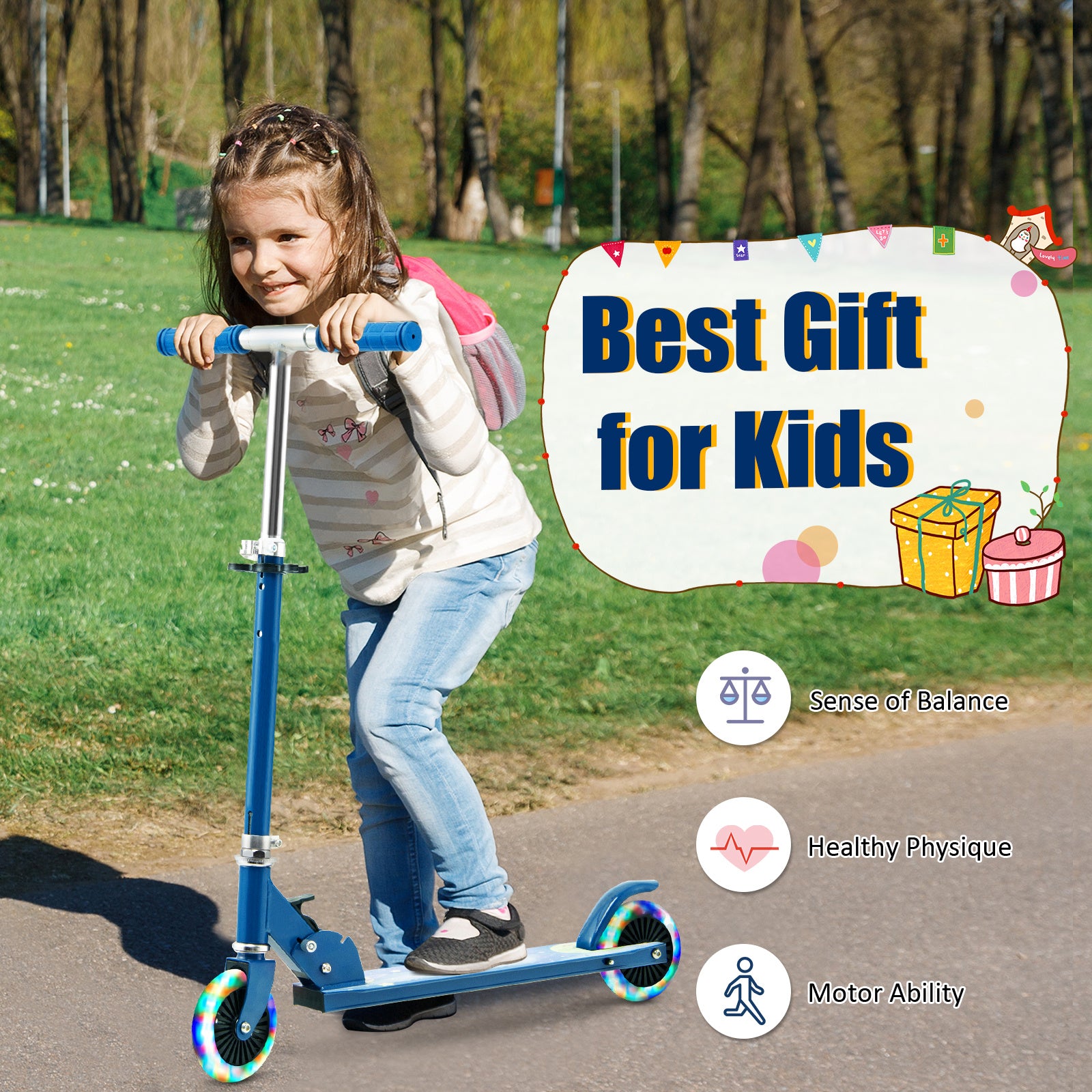 Girl riding blue kids scooter with LED wheels best gift for kids Australia — buy kids scooter EcoBike
