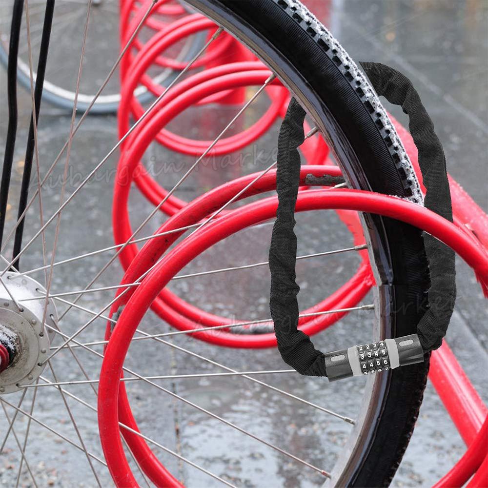 Heavy duty chain bike lock through bike wheel at public rack — buy bike chain lock Australia EcoBike
