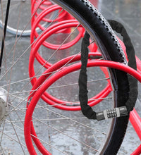 Heavy duty chain bike lock through bike wheel at public rack — buy bike chain lock Australia EcoBike
