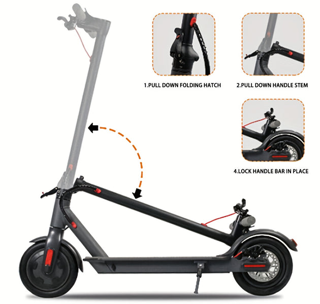 EcoBike 500W adult electric scooter 4-step folding mechanism diagram — folding electric scooter Australia buy online