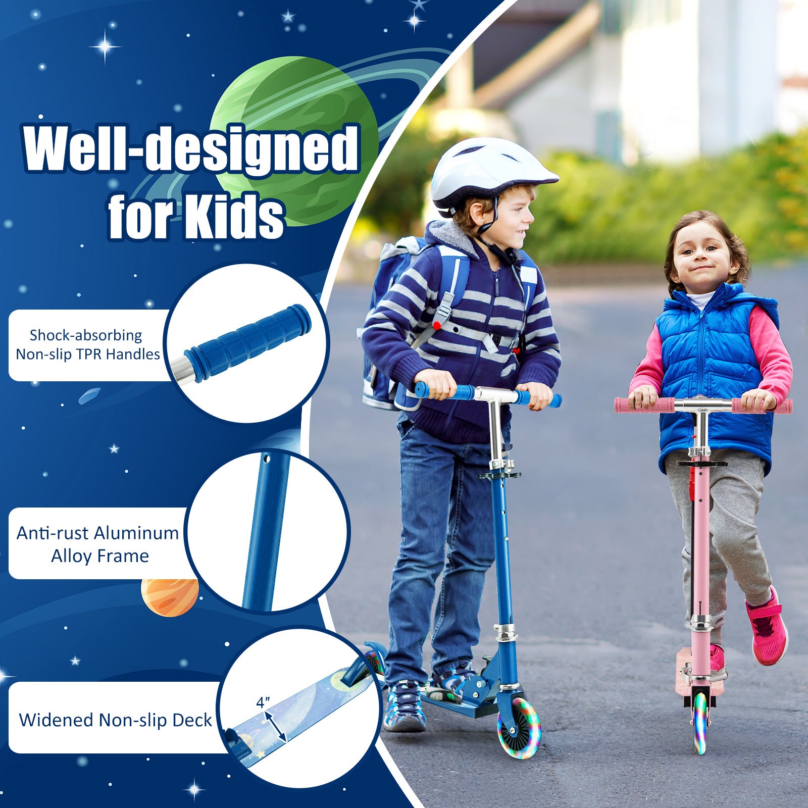 Two kids riding blue and pink scooters with LED light wheels — kids electric scooters Australia EcoBike
