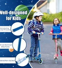 Two kids riding blue and pink scooters with LED light wheels — kids electric scooters Australia EcoBike
