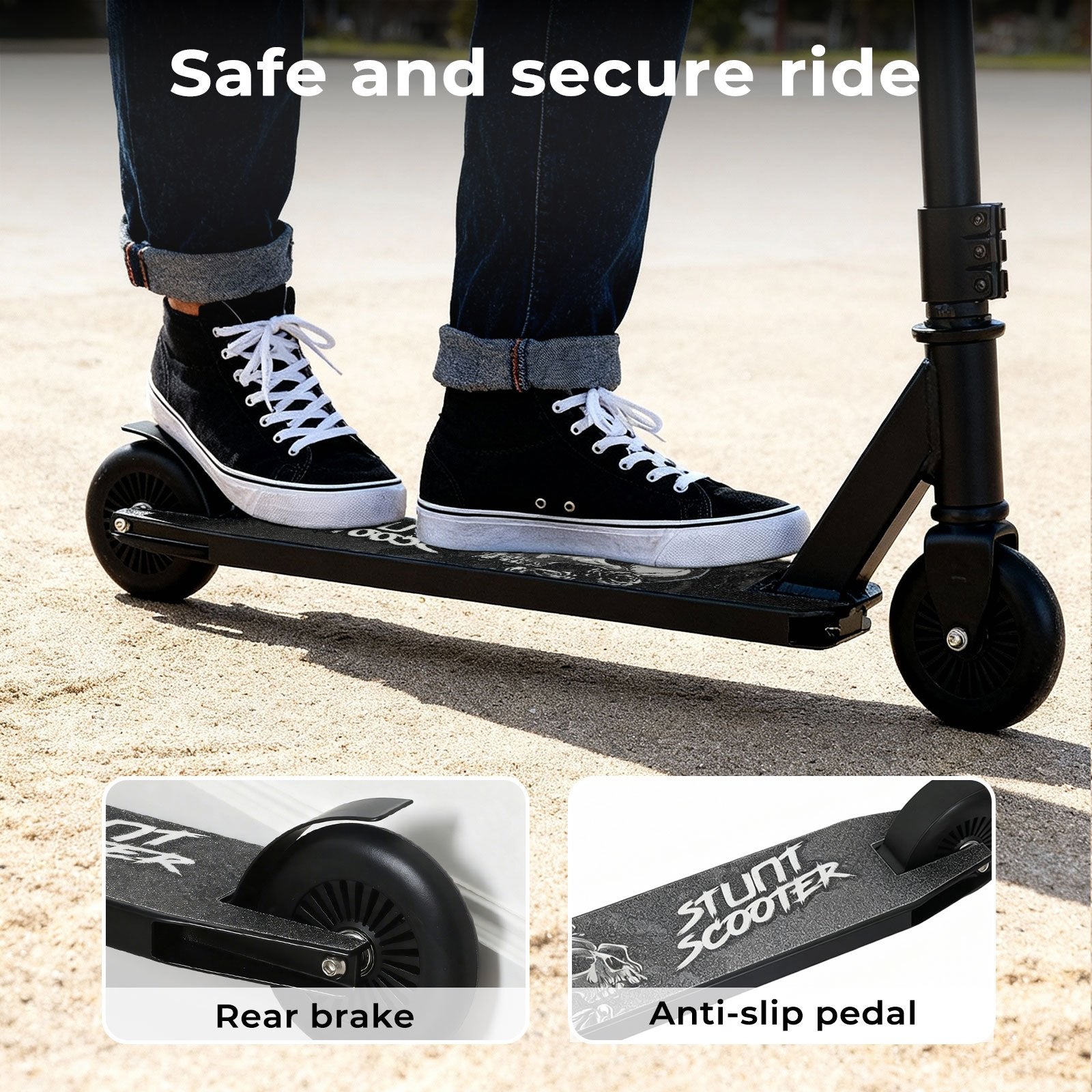 Black stunt scooter for kids with skull design deck — best kids scooter Australia buy online EcoBike
