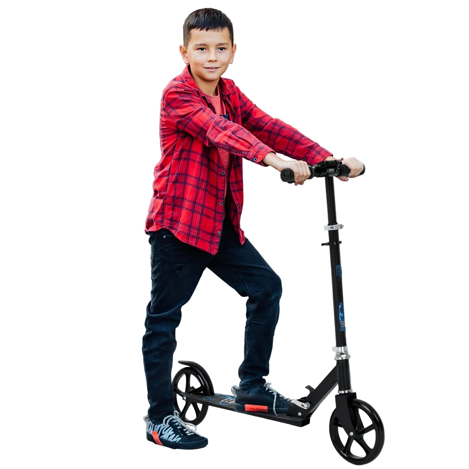 Blue kids scooter dimensions diagram ages 3 plus foldable adjustable height — kids scooter Australia EcoBike
