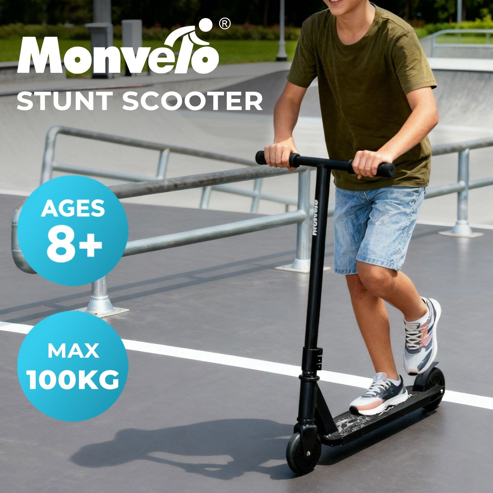 Black stunt scooter for kids with skull design deck — best kids scooter Australia buy online EcoBike

